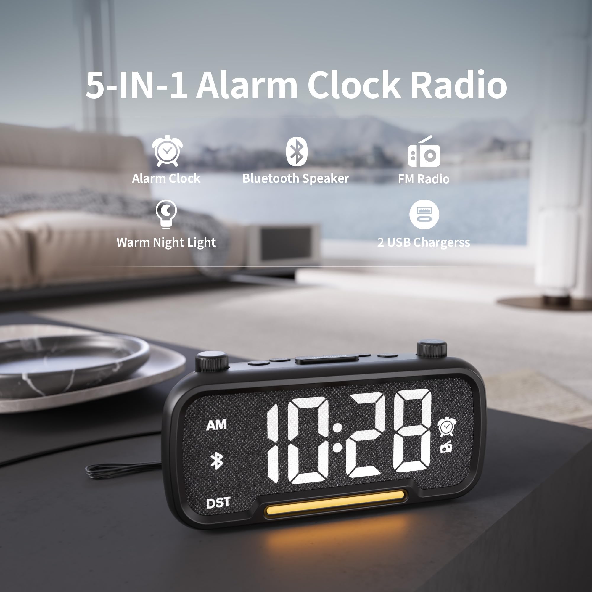 Radiosveglia con altoparlante Bluetooth, radio FM, suono ad alta fedeltà, orologio da comodino con 2 caricabatterie USB, dimmer e volume regolabili, luce notturna, timer di spegnimento automatico,