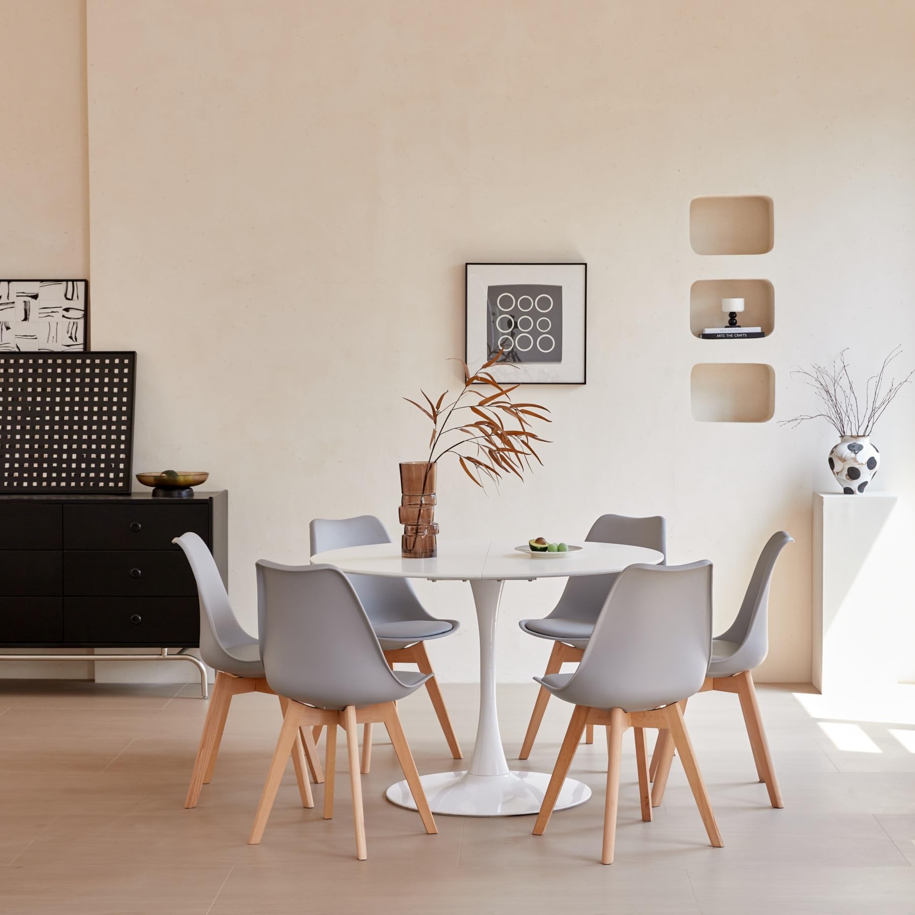 Set tavolo da pranzo e sedia, Tavolo da pranzo rotondo in MDF da 110 cm con 6 moderne sedie da pranzo, adatti per cucina, sala da pranzo, soggiorno, caffetteria, balcone (Bianco，6 Grigio