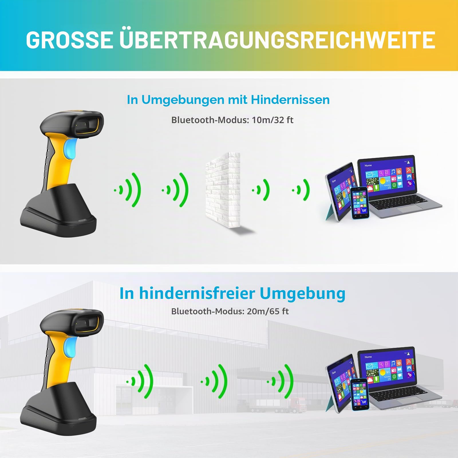NETUM Industrie QR Barcode Scanner Bluetooth mit Dockingstation, 1D/2D Kabelloser Scanner, 2600mAh Akku, Stoßfest Staubdicht, Freihändig, Kompatibel mit Windows, Mac, Android und iOS (RD-1200)