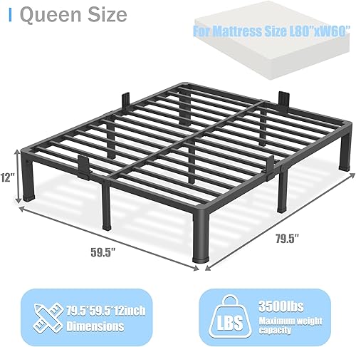 Miniatura 49 de Base de cama de tamaño matrimonial de 18 pulgadas con patas de esquina redondas, tapón deslizante de colchón, plataforma de metal resistente de 3500