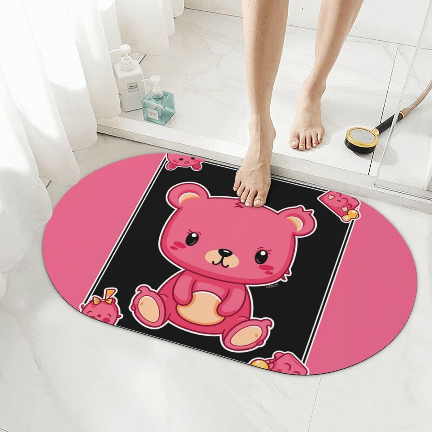 Stone Bath Mats Cartoon Pink Bear Diatomaceous Earth Bath Mat Super Absorbent Bathroom Floor Mat Quick Drying Diatomite Shower Mat for Shower Bathtub Bathroom Accessory 19.7x31.5in