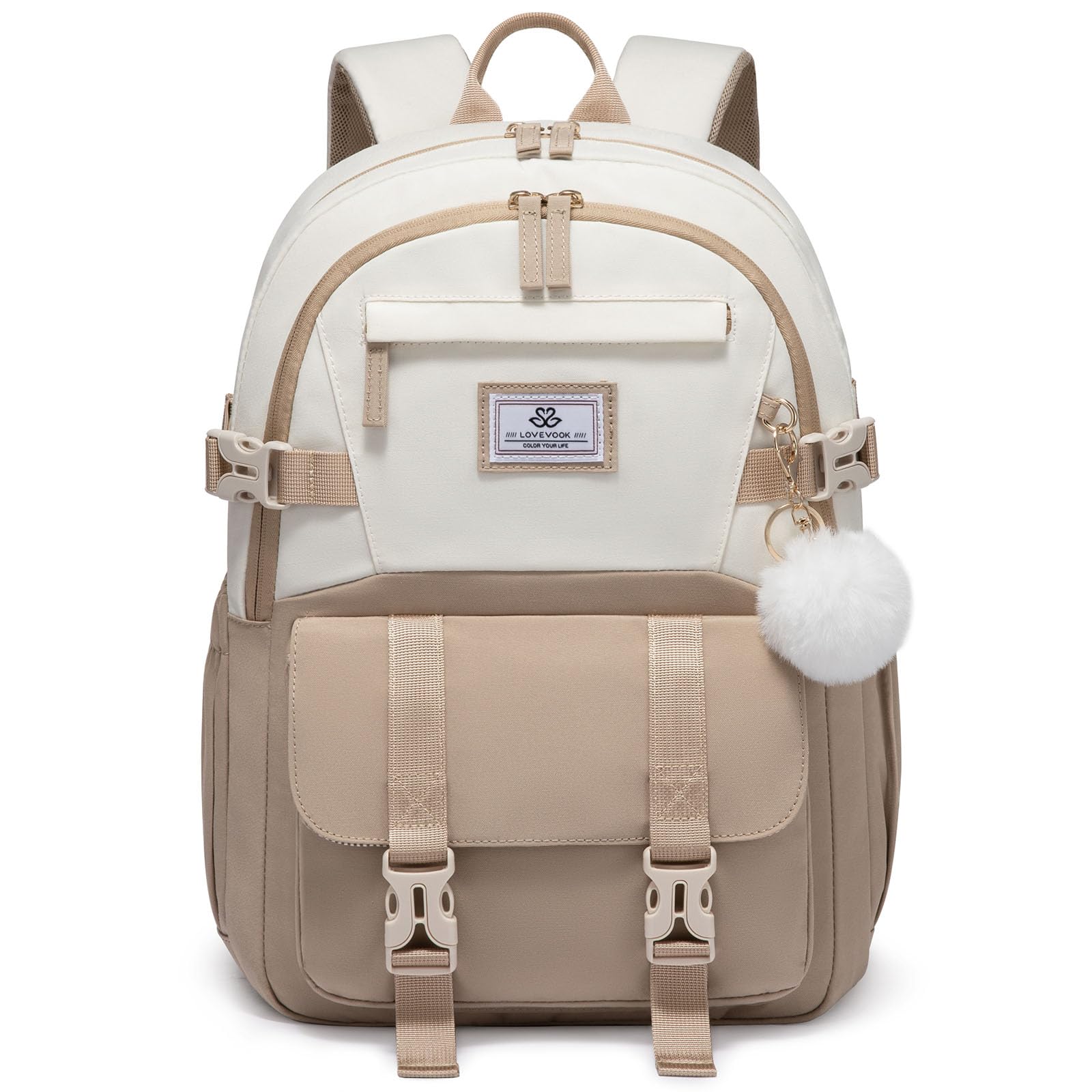 LOVEVOOK Schulrucksack Teenager Mädchen 10-18 Jahre mit Großem Flaschenfach | Rucksack Damen Multi-Tasche Schulranzen Schultasche, Wasserdicht School Bag 15,6 Zoll Laptop für Schule Uni, Khaki Beige