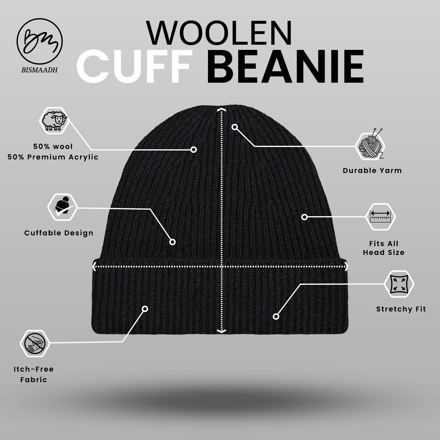 BISMAADH Fleece Lined Woolen Cuff Cap Beanie for Men & Women Warm Knit Winter Hat Stretchy Fit Soft - Image 2