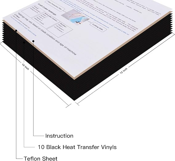JANDJPACKAGING Black Heat Transfer Vinyl for T- Shirts- 10 Sheets,10x12 Black HTV Iron On Vinyl for Cricut and Silhouette Cameo Including Teflon Sheet
