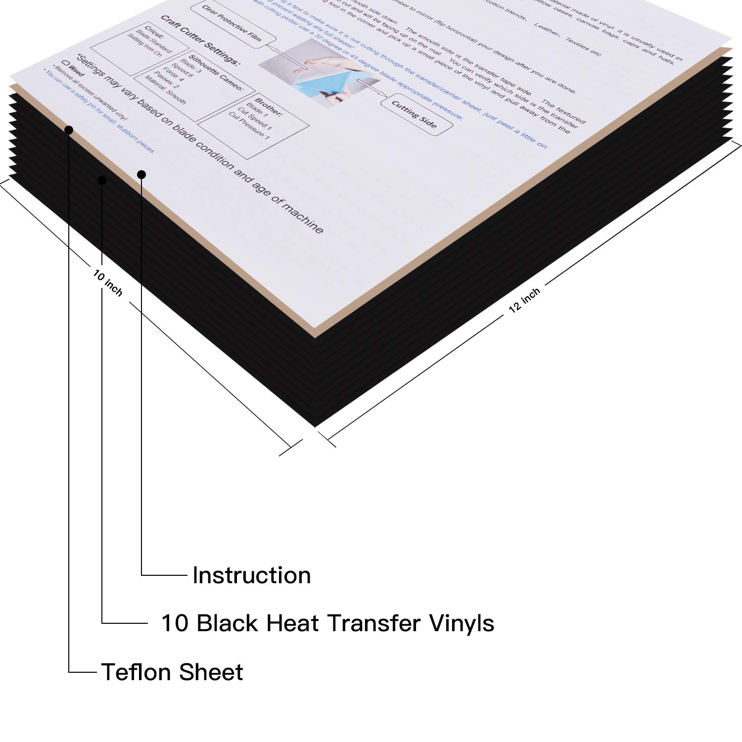 JANDJPACKAGING Black Heat Transfer Vinyl for T- Shirts- 10 Sheets,10"x12" Black HTV Iron On Vinyl for Cricut and Silhouette Cameo Including Teflon Sheet