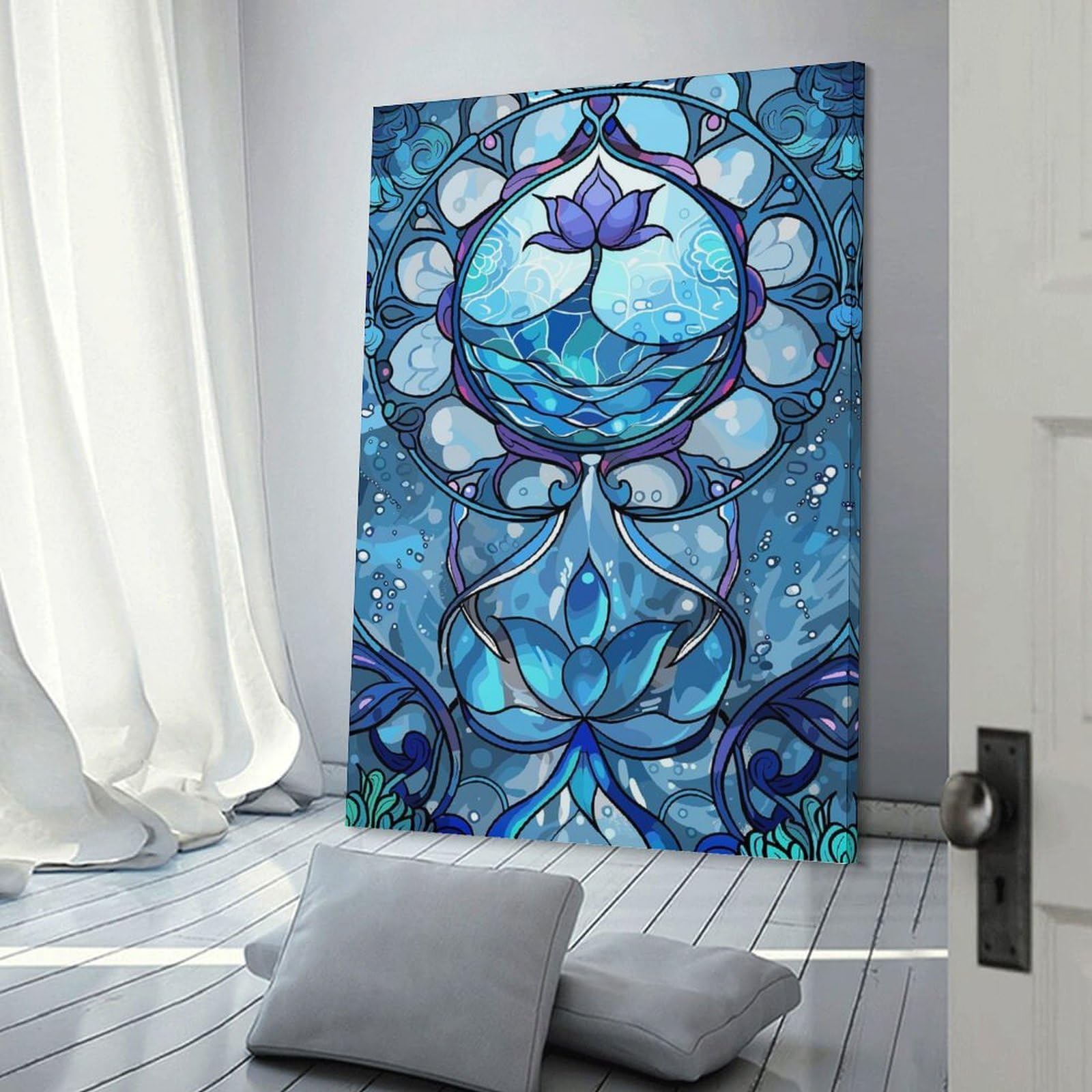 Junmoney Blue Lotus Water Stained Glass Art Canvas Art Print 24x36inch(60x90cm), for Bedroom Decor, Cosy Corners Or Studios, An Easy Wall Refresh for Bedrooms