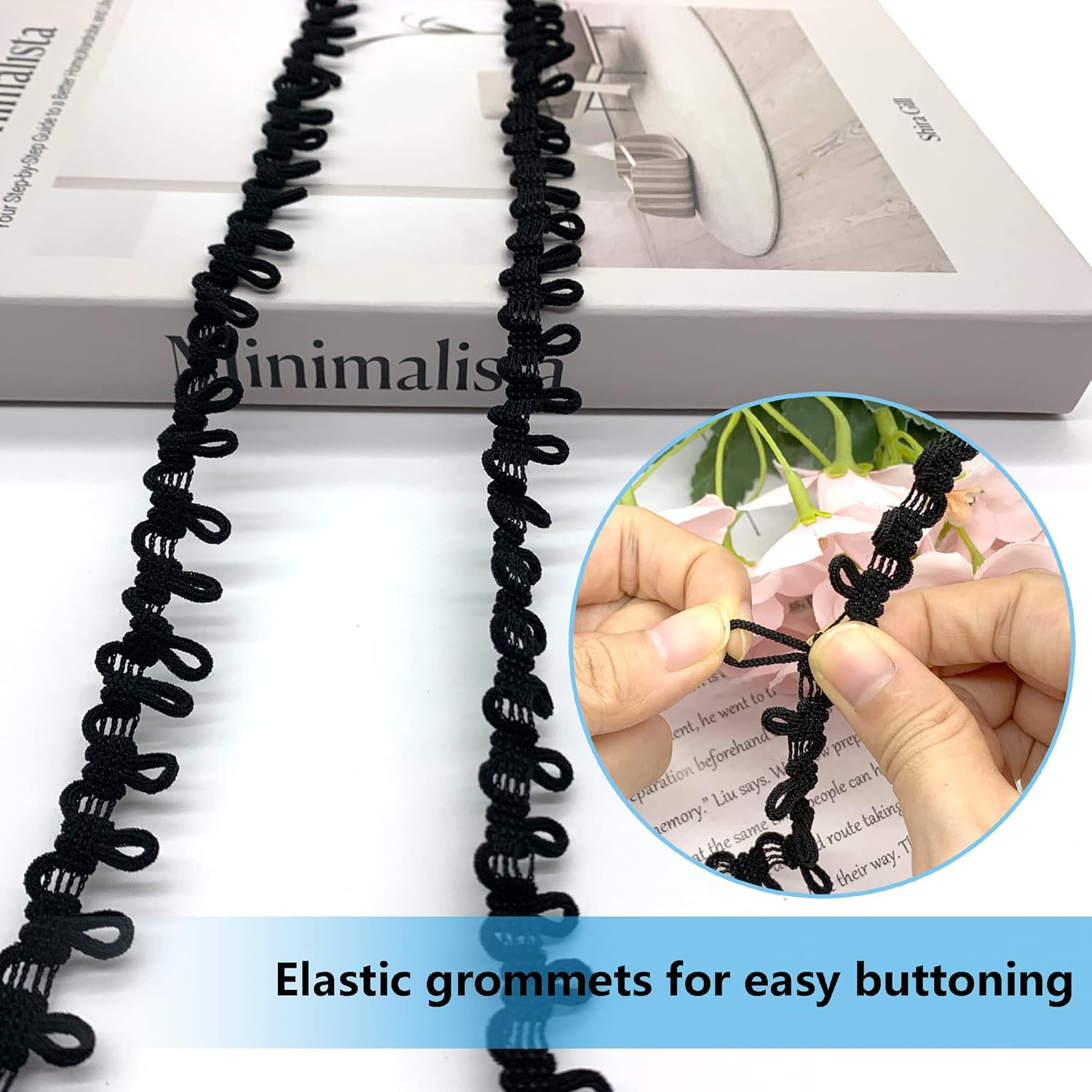 DHER Lace Ribbon Buttonhole Trim with Button Elastic Cord Eyelet 18M Elastic Buttonholes for Wedding Dresses, Elastic Buckles for Collars Women Decorations (Black)