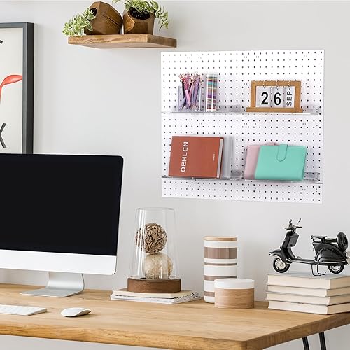 Miniatura 7 de Lounsweer Juego de 4 estantes de acrílico transparente con ganchos de metal, organizador de accesorios para exhibición de tableros de clavijas,