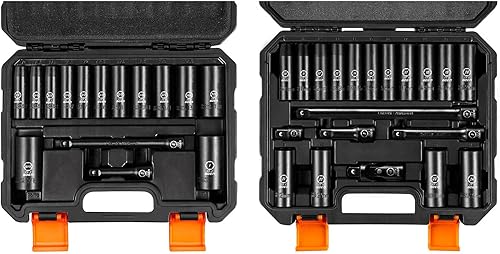 Boen Juego de 35 piezas de llaves de impacto, unidad de 1/2 pulgada y unidad de 3/8 pulgadas SAE (1/4" a 1") y métricas (0.394-0.945 in), barras de