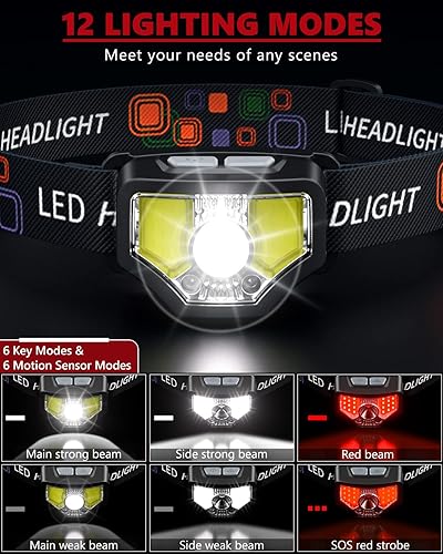 Miniatura 4 de Linterna frontal LED recargable, 1200 lúmenes, súper brillante, resistente al agua para senderismo, correr, pesca, ciclismo, con sensor de movimiento