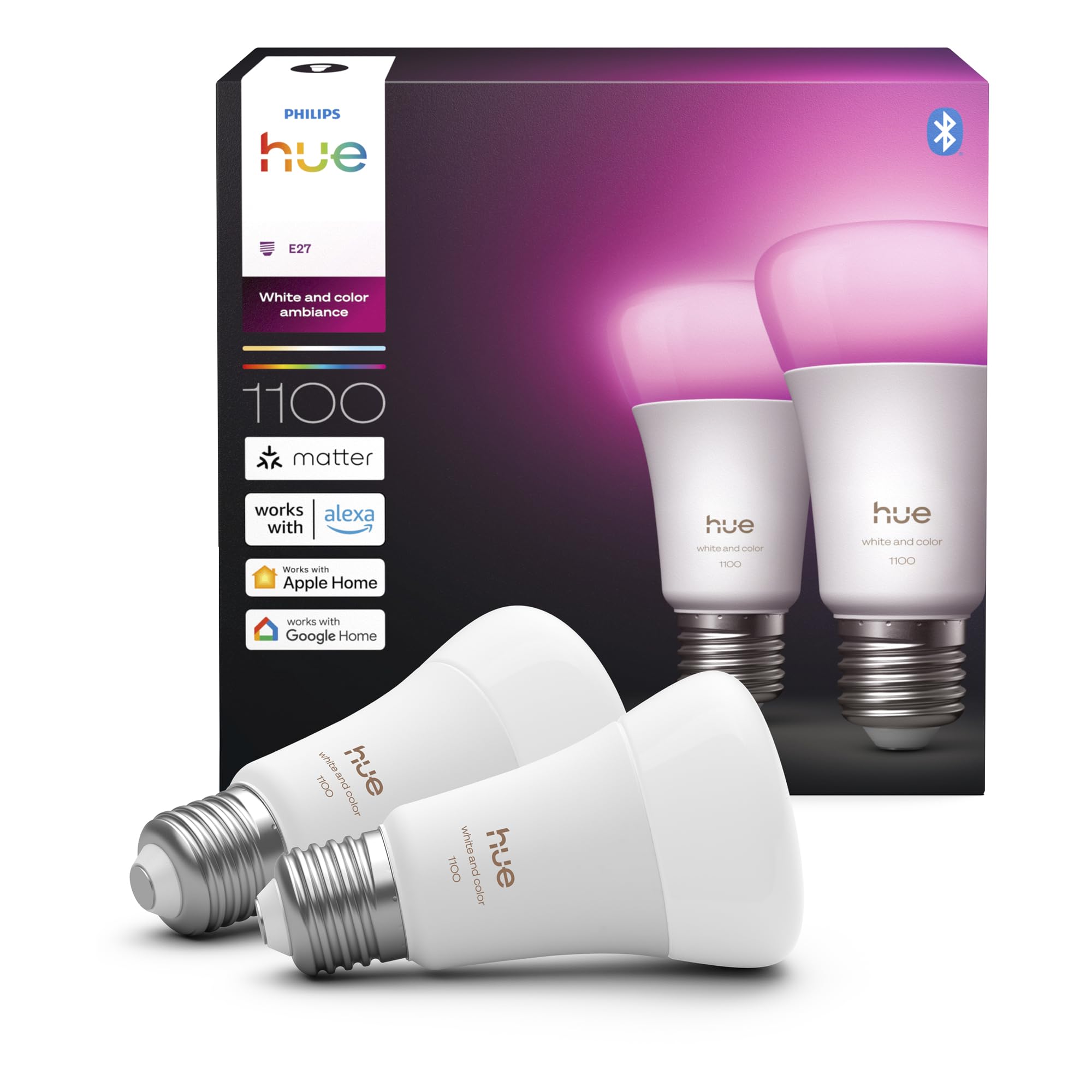 Philips Hue Philips Hue Smart LED A60 Bulb, White and Color Ambiance, E27 Base, 8.1W, Full Spectrum Light 1000K-20000K, 1100 Lumens, Dimmable, Works with Alexa, Google Assistant, and Apple Home, 2 Pack