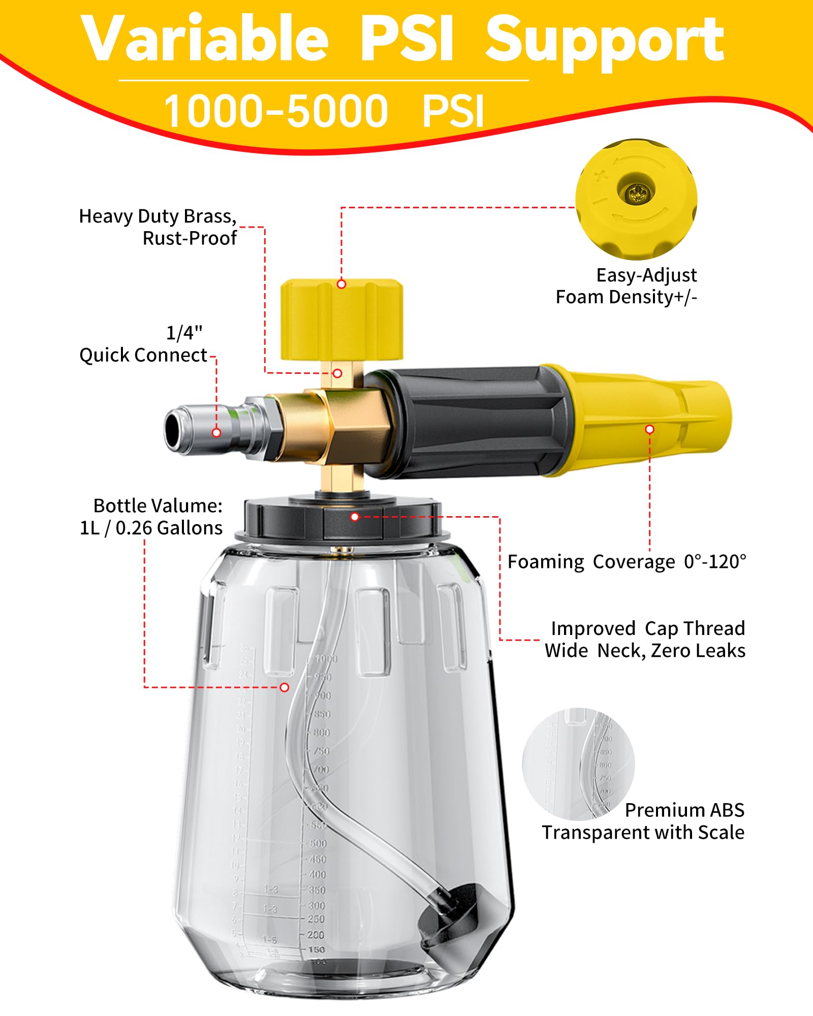 POHIR Pistola de lavado a presión de 5000 PSI con cañón, pulverizador de lavadora eléctrica con doble lanza de espuma ajustable, conector rápido de 1/4 pulgadas con puntas de boquilla (pistola, cañón