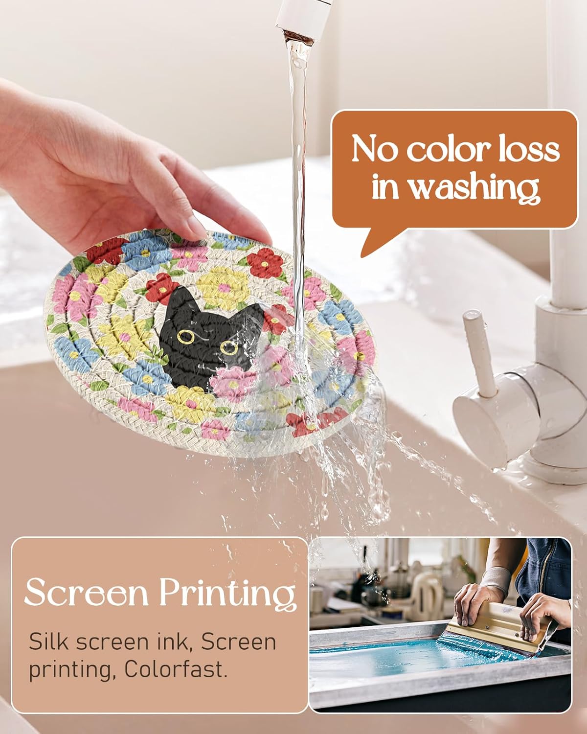 Drink Coasters Set of 6 - Cup Absorbent Coasters for Drinks Coffee Table Home Office Desk Decor Soft Woven Cotton Cloth Braided Fabric Drinking Cup Mat with Holder Cute Cat Flower - Image 2