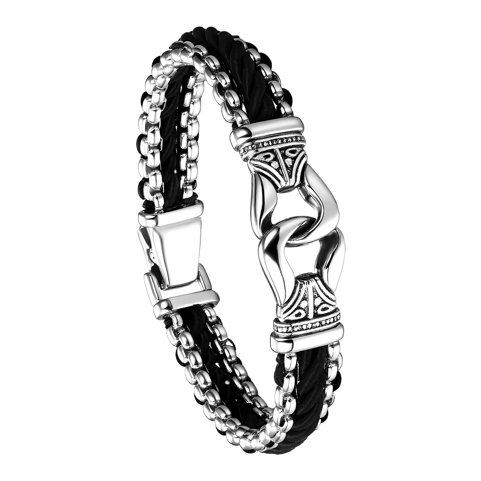 Cupimatch - Pulsera para hombre, piel trenzada, pesada, 316L, acero inoxidable, pulido masculino, clásico, punk plateado, con tarjeta, regalo de cumpleaños, día del padre, Cuero