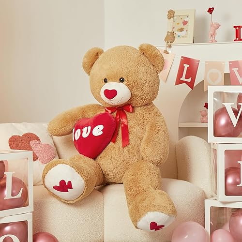 Miniatura 3 de MorisMos Oso de peluche gigante de 4 pies, oso grande de corazón rojo para novia, día de San Valentín, oso de peluche suave, regalo para novio y