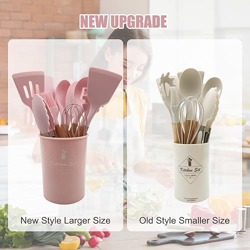 Miniatura 6 de Ismosm Juego de 12 utensilios de cocina de silicona con asas de madera maciza y un cubo de soporte (gris oscuro)