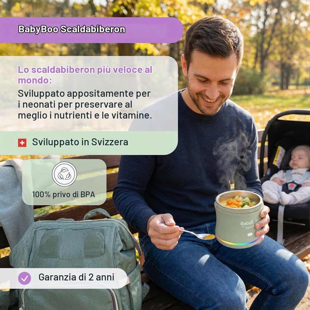 BABYBOO Scaldapappe Portatile + Set Contenitori Interni in Acciaio Inox Bundle - Scaldabiberon e Pappa con Batteria, Controllo App, 2 Contenitori + 2 Coperchi, Senza BPA, per Casa e Viaggio