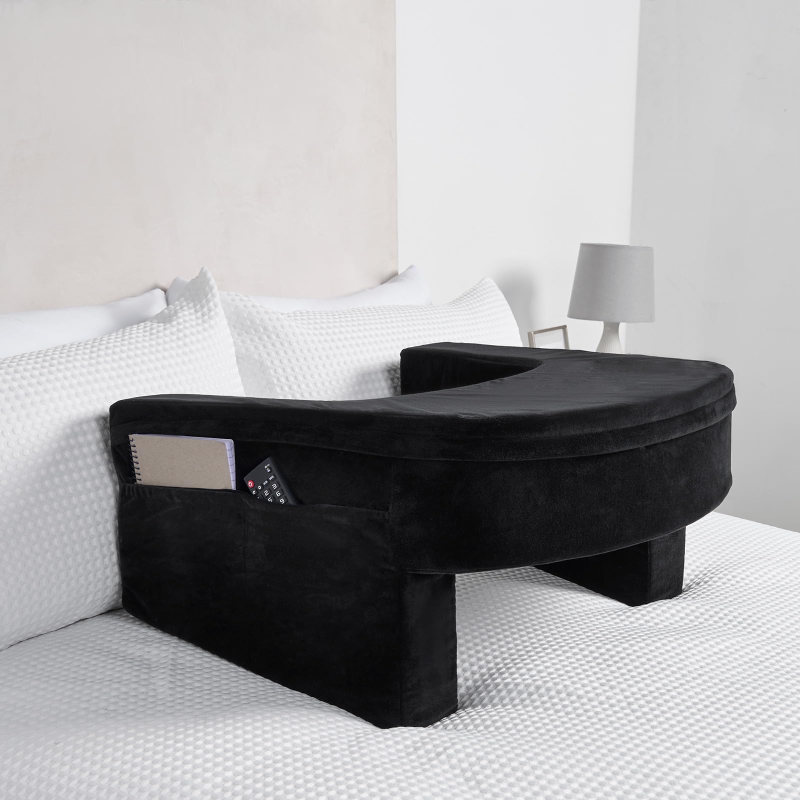 OHS Gaming Cushion for Bed, Armrest Laptop Lap Desk Pillow for Sitting in Bed Sofa Floor Portable Lightweight Soft Foam Reading Pillow with Side Pockets, Black