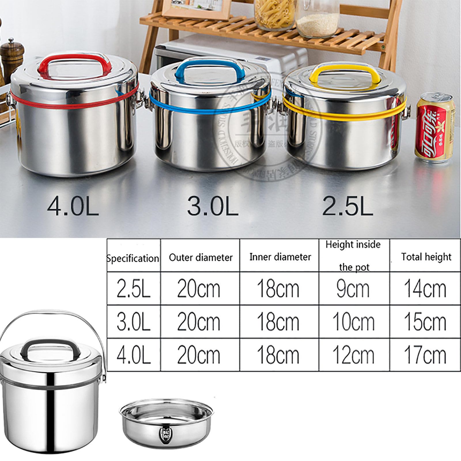 Fiambrera térmica de grado alimenticio (2,5 l/3 l/4 l), diámetro grande (21 cm), recipiente de acero para alimentos calientes, diseño de asa y diseño en capas, para la escuela, la oficina, los picni