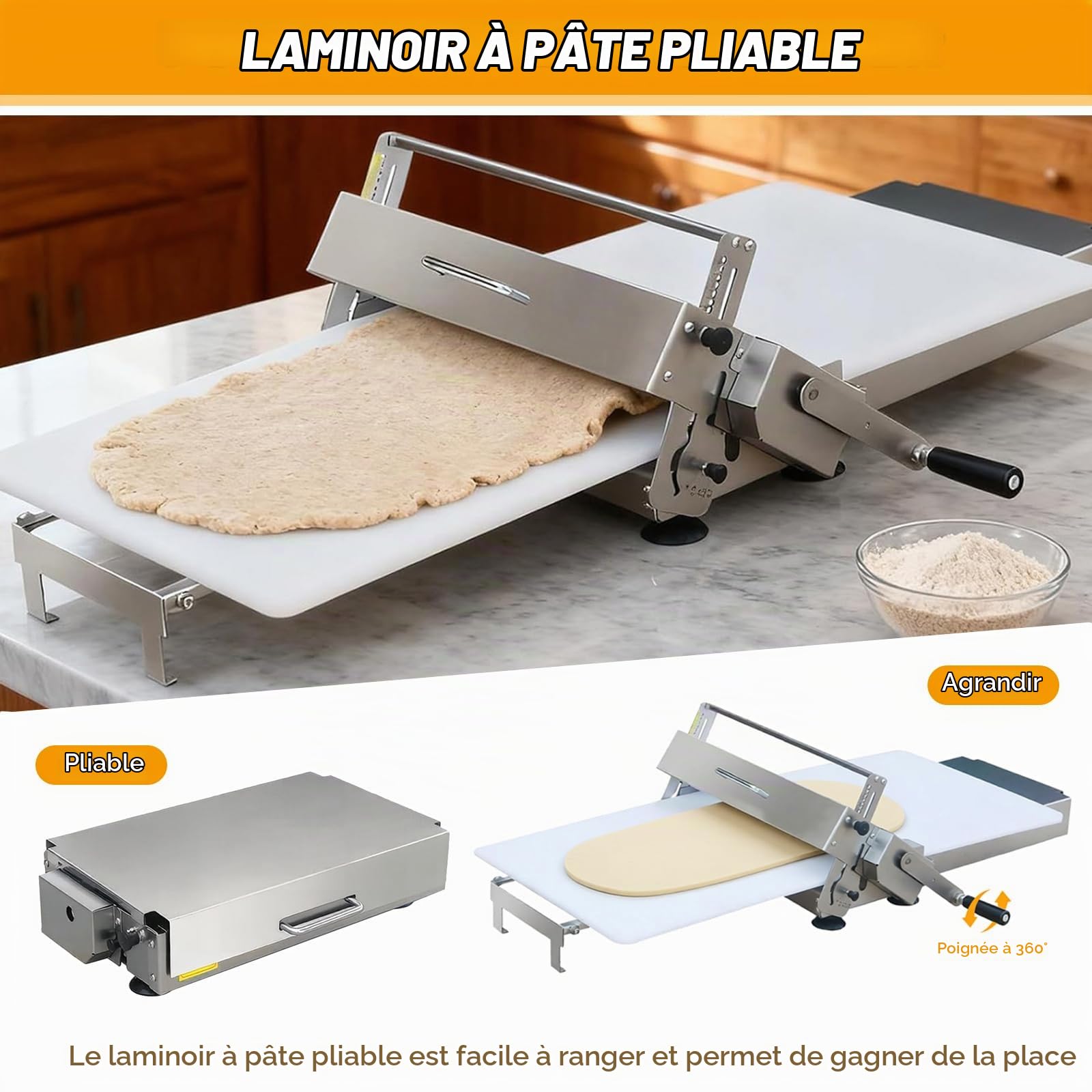 Laminoir à Pâte Pliable Professionnel Laminoir Patisserie Manuel avec épaisseur Réglable 0-25 mm Laminoir à Pâte Feuilletée en Acier Inoxydable pour Croissant Pizza Pain Pâtisserie Boulangerie