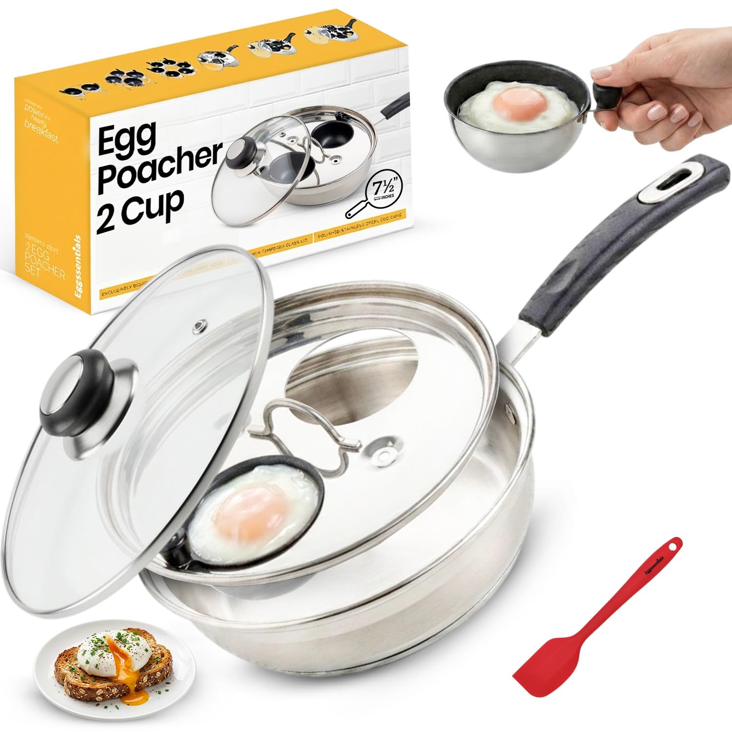 Eggssentials Pochierte Eierkocher aus Edelstahl mit Silikongriff, lebensmittelecht, PFOA-frei, mit Pfannenwender, 2 Pochierbecher