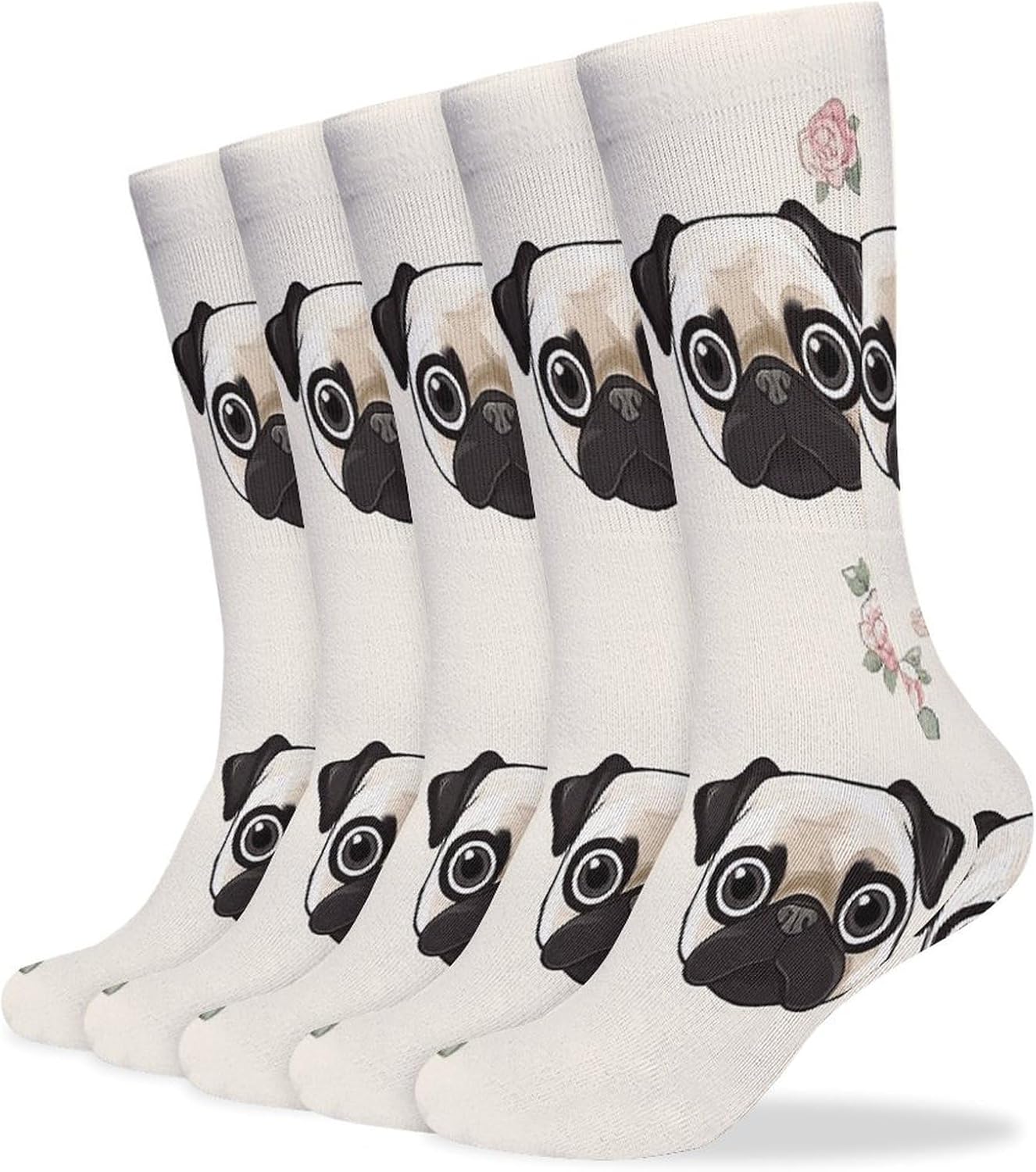 Line Pug Crew Socks Cozy Casual Calf Socks Lightweight Long Work Sock Breathable Athletic Sock for Hiking Sports Running 5 Pairs