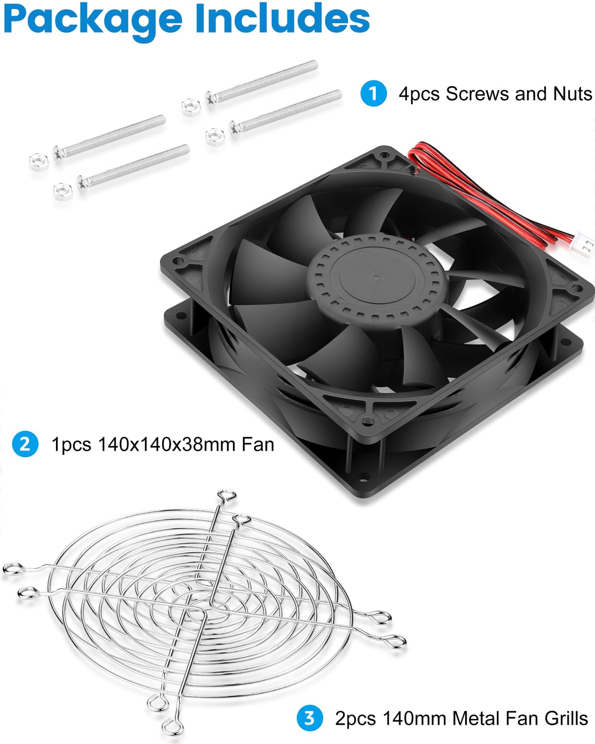 GDSTIME 140mm x 38mm High Static Pressure Fan 24V 2-Pin - 140x140x38mm Dual Ball Bearing Brushless Cooling Fan for CPU Coolers, Heat Sinks, Radiators
