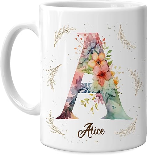 Hyturtle Taza de café personalizada con inicial con nombre, monograma de cumpleaños, regalos de Navidad para niñas y mujeres, letra A del alfabeto