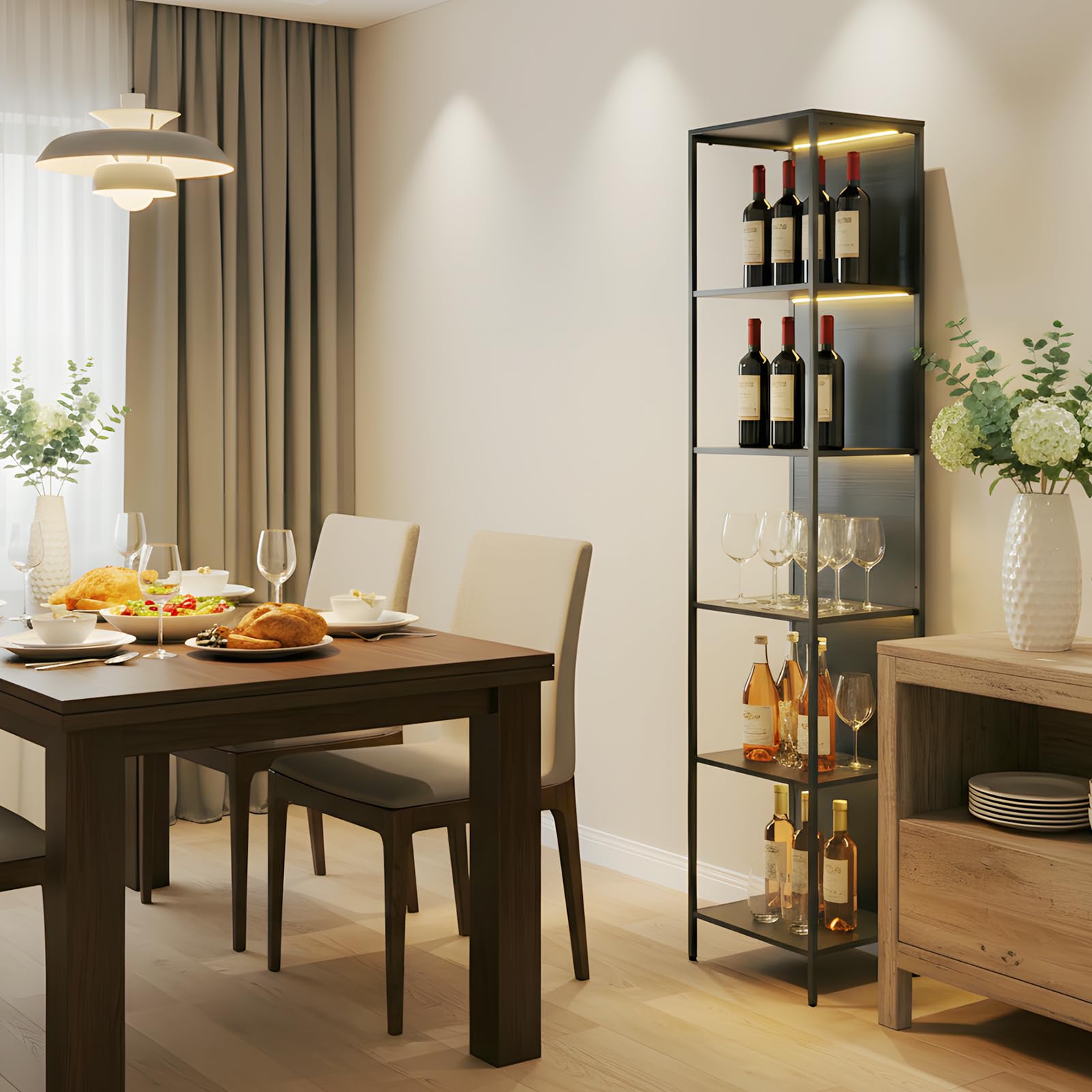 EGGREE Offene Sammlervitrine mit LED-Beleuchtung,Regal mit 6 LED Farben Beleuchtung, Vitrine für Sammlerstücke Bücher Wein, für Büro Wohnzimmer Küche, 40x30x178cm | Offene Sammlervitrine, 6 LED-Farben, Regal für Sammlerstücke, Bücher, Wein, geeignet für B