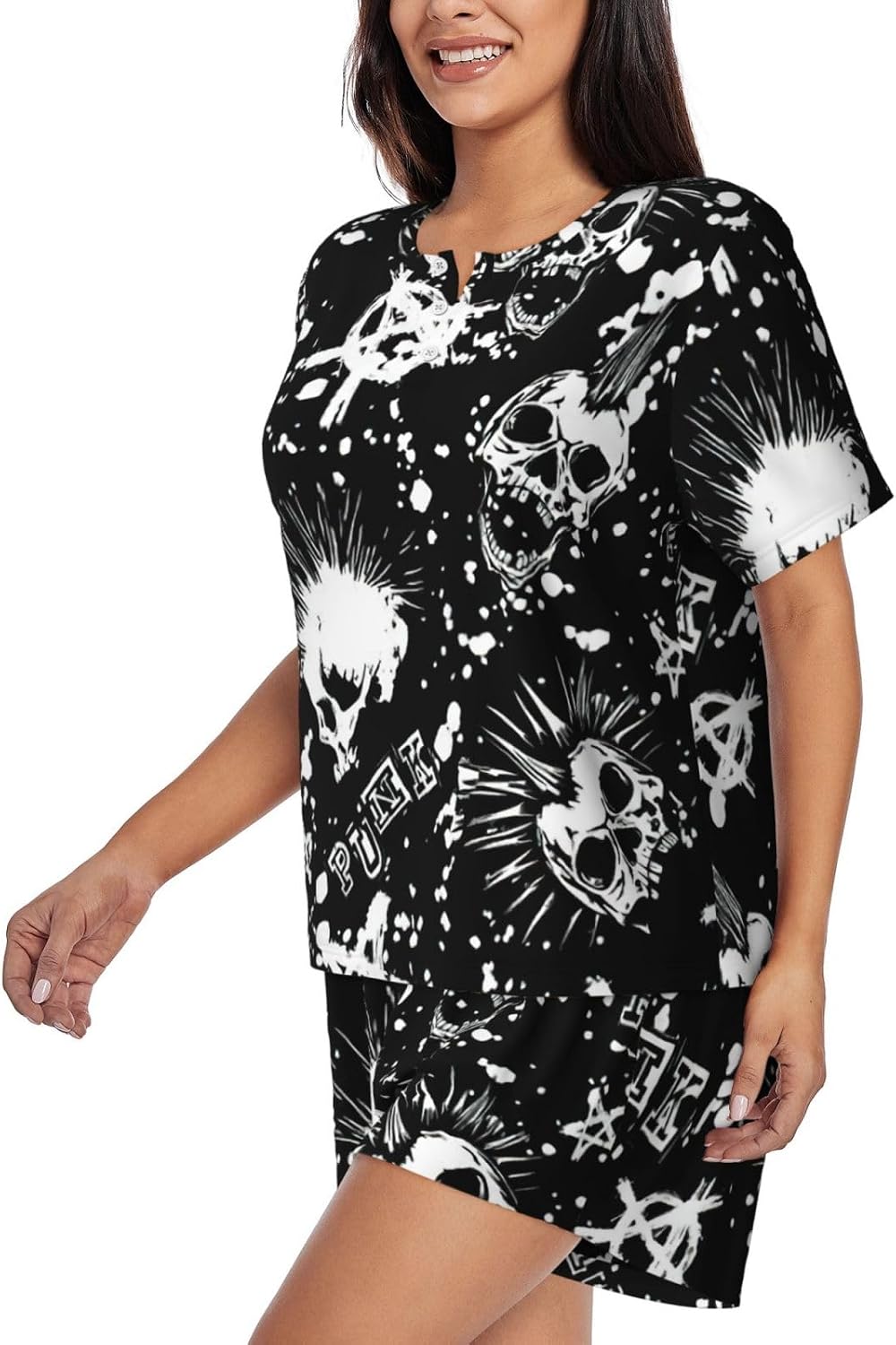 White Punk Skull Print Cute Short Sleeve Pajama Set For Women Casual Loungewear With Pockets Four Seasons