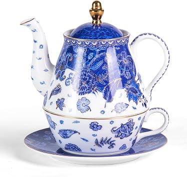 KAMMAK Tea for One Set, Ceramic Teapot, Bone China Tea Set, Cup and Saucer | Blue and White, Porcelain Stackable Tea Pot Set with Golden Trim for Coffee and Cappuccino, Ideal for Afternoon Tea and Gifts