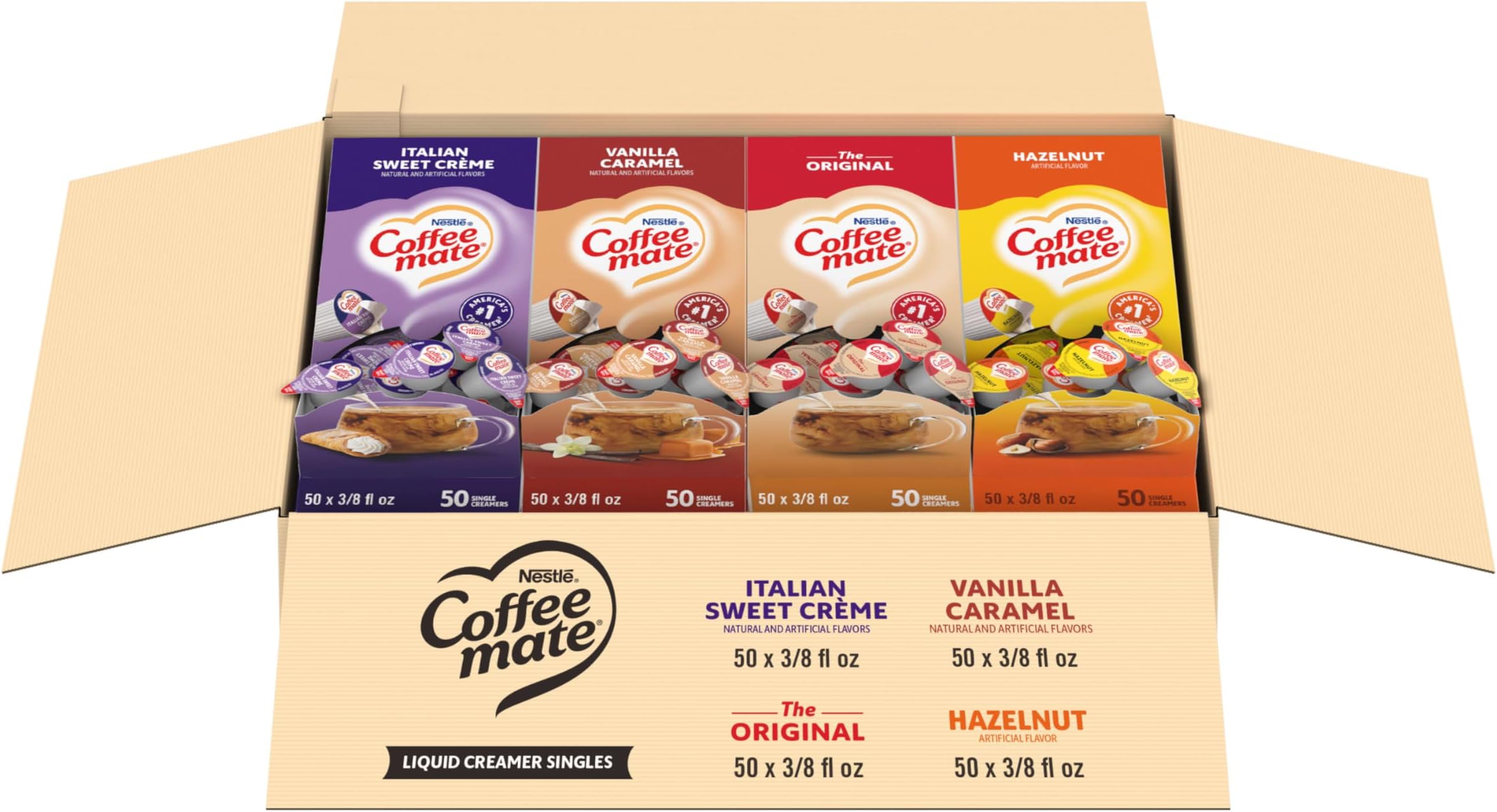 Nestle Coffee mate Creamer Singles Variety Pack, Original, Hazelnut, Italian Sweet Creme, Vanilla Caramel Non Dairy, No Refrigeration, 0.375 fl oz Tubs, 200 Count (Pack of 50 Per Flavor)
