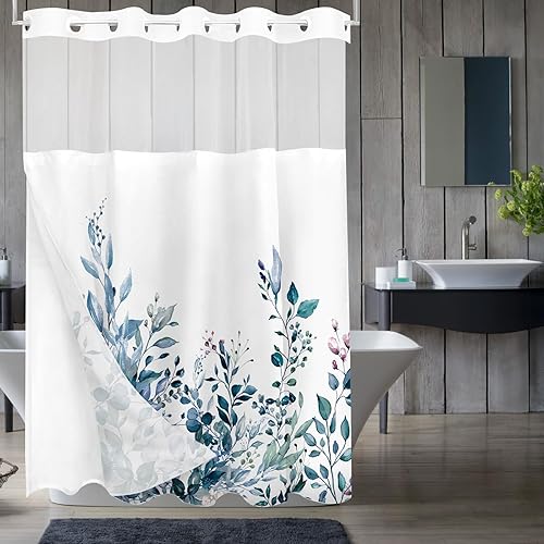 Miniatura 52 de Tititex - Juego de cortinas de ducha de hojas de eucalipto verde con cierres de presión, sin ganchos, forro interior verde, hojas de acuarela en la