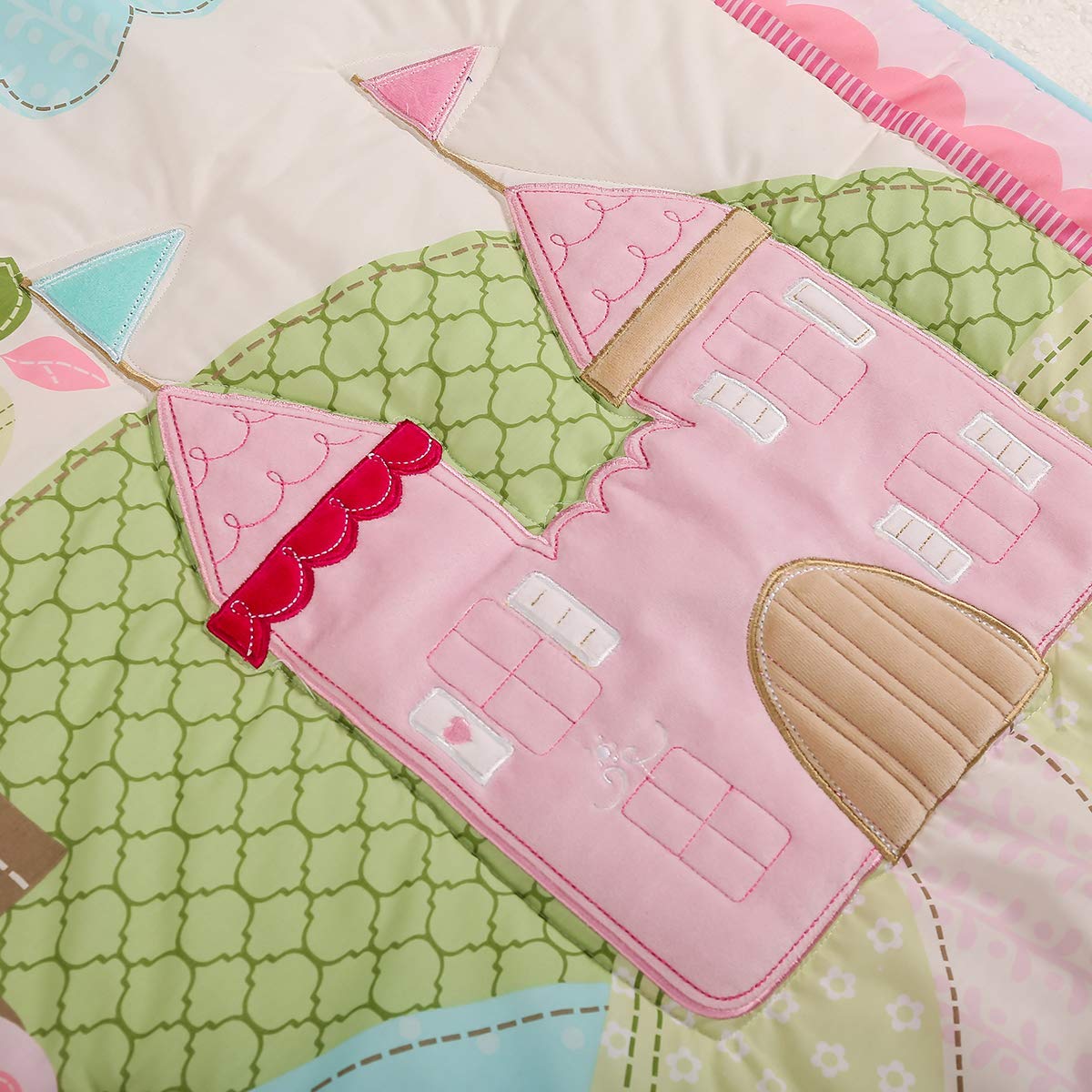 Brandream Pink Dreamy Castle - Juego de cama para cuna para niña | Juego de cama de 3 piezas de algodón floral | colcha de bebé, sábana bajera ajustable para cuna incluida