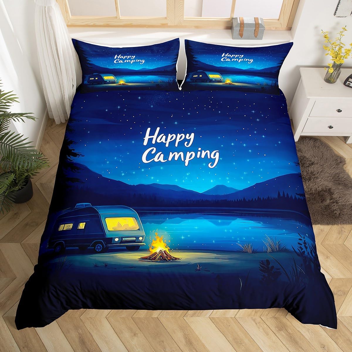 Erosebridal Happy Camping Twin Duvet Cover RV Camper Comforter Cover Night Scenery Camping Bedding Set Retro Style Bed Set with 1 Pillowcase