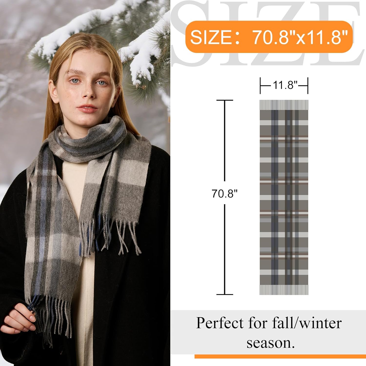 100% Merino Wool Plaid Tassel Scarf for Women and Men, Winter Warm Long Scarves, Large Travel Blanket Scarf Wrap in Gift Box - Image 4