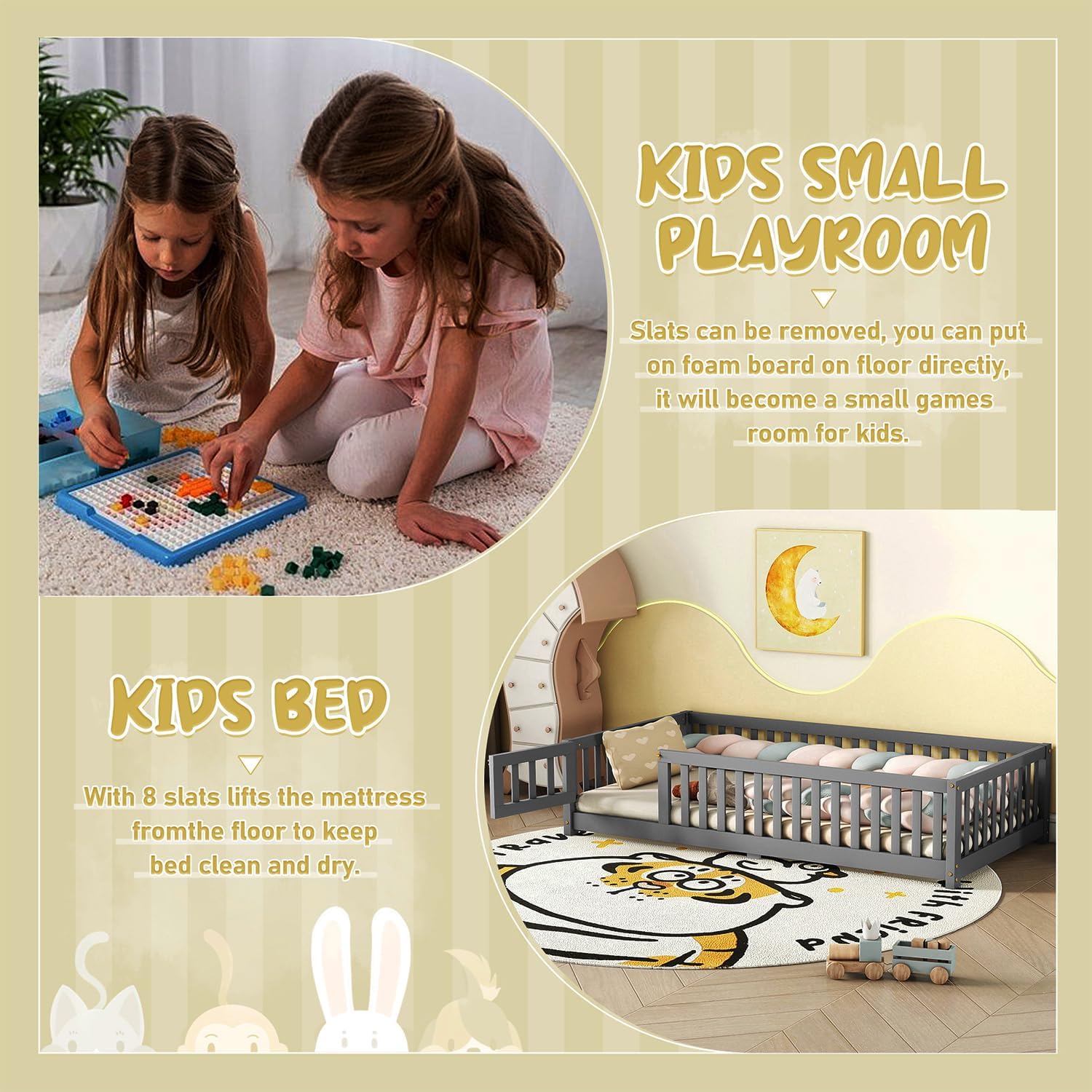 Twin Size Montessori Floor Bed Frame, with Removable Door Wood Kids Platform Bed for Girls, Boys, Child Bedroom, Entertainment Playroom No Box Spring Need Easy Assemble (Gray, Twin)