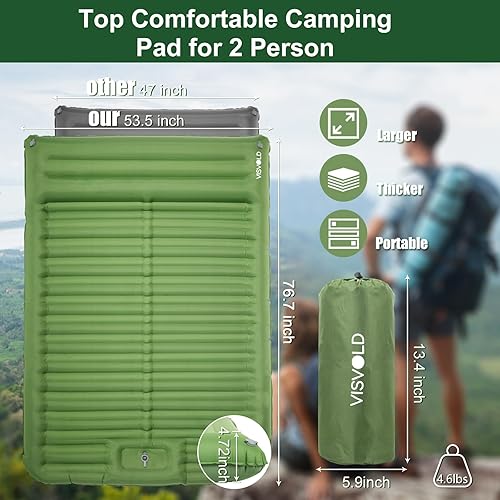 Miniatura 2 de visvold Colchoneta de dormir doble para camping, 4.72 pulgadas, ultra gruesa, autoinflable, almohadilla de campamento para 2 personas con almohada