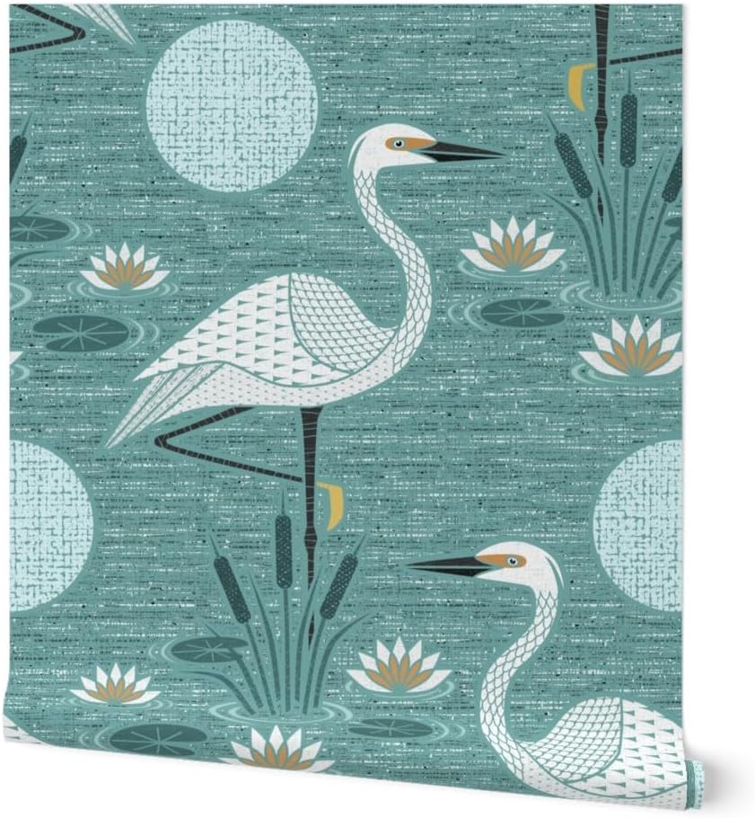 Peel & Stick Wallpaper 3ft x 2ft - Water Lily White Egret Teal Aqua Neutral Calm Serene Minimal Weathered Custom Removable Wallpaper by Spoonflower