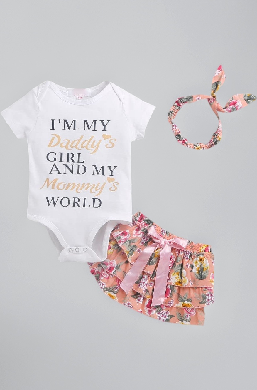 Girl's Cotton Blend Printed Text Print Onesie And Skirt Set with Headband