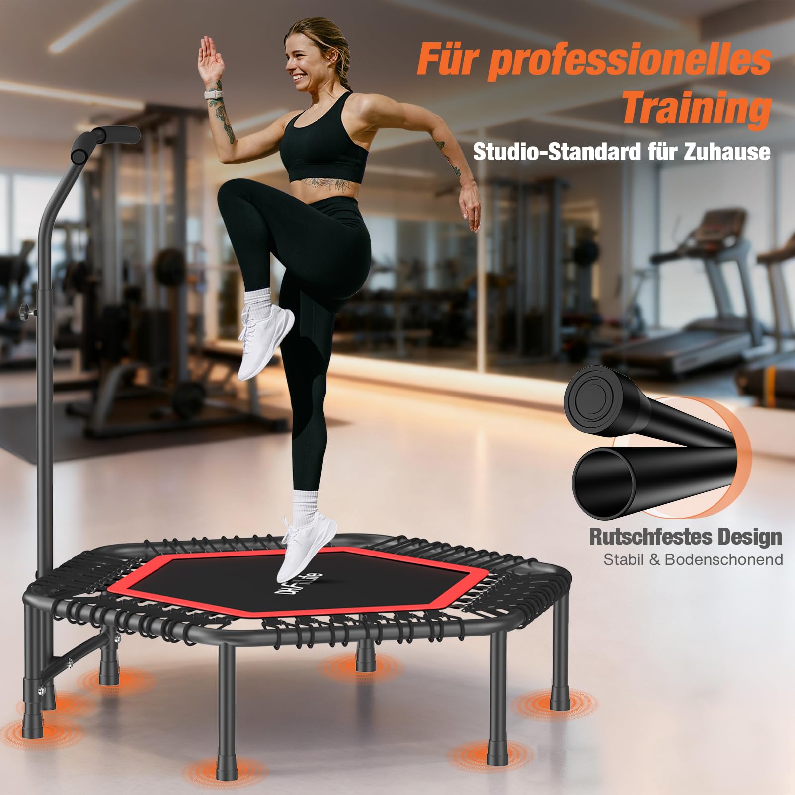 DH FitLife Fitness Trampolin in Studioqualität | Ø114cm 45 Zoll Mini Indoor Trampolin für Cross Jumping | bis 150kg belastbar | höhenverstellbarer Handgriff | Stabil & leise