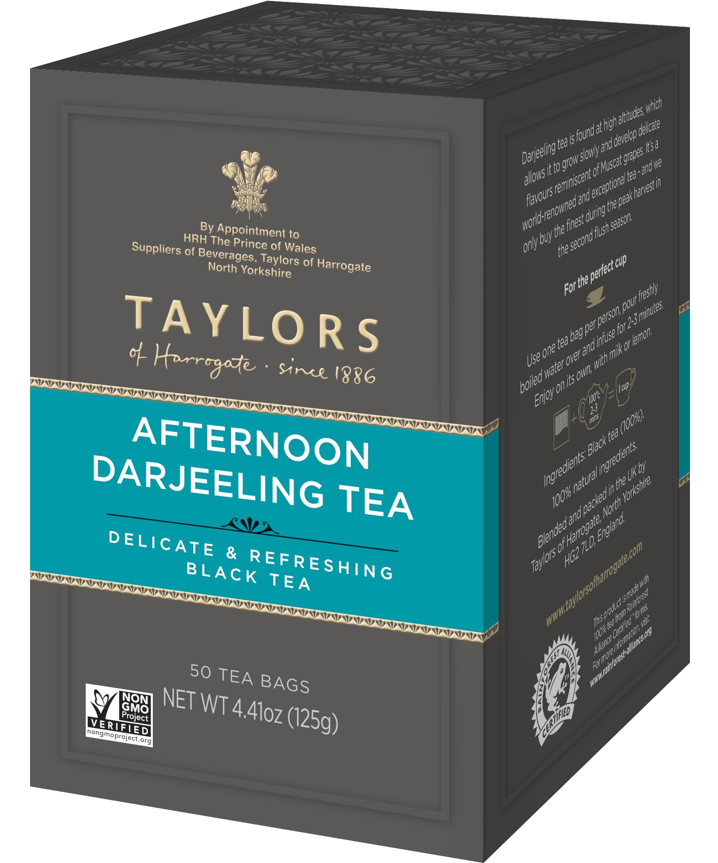 Taylors of Harrogate Afternoon Darjeeling, Black Tea, Pillow Bags 50 Count (Pack of 1), Delicate, Sweet & Floral, Caffeinated, Enjoy Hot or Iced, 50 Teabags