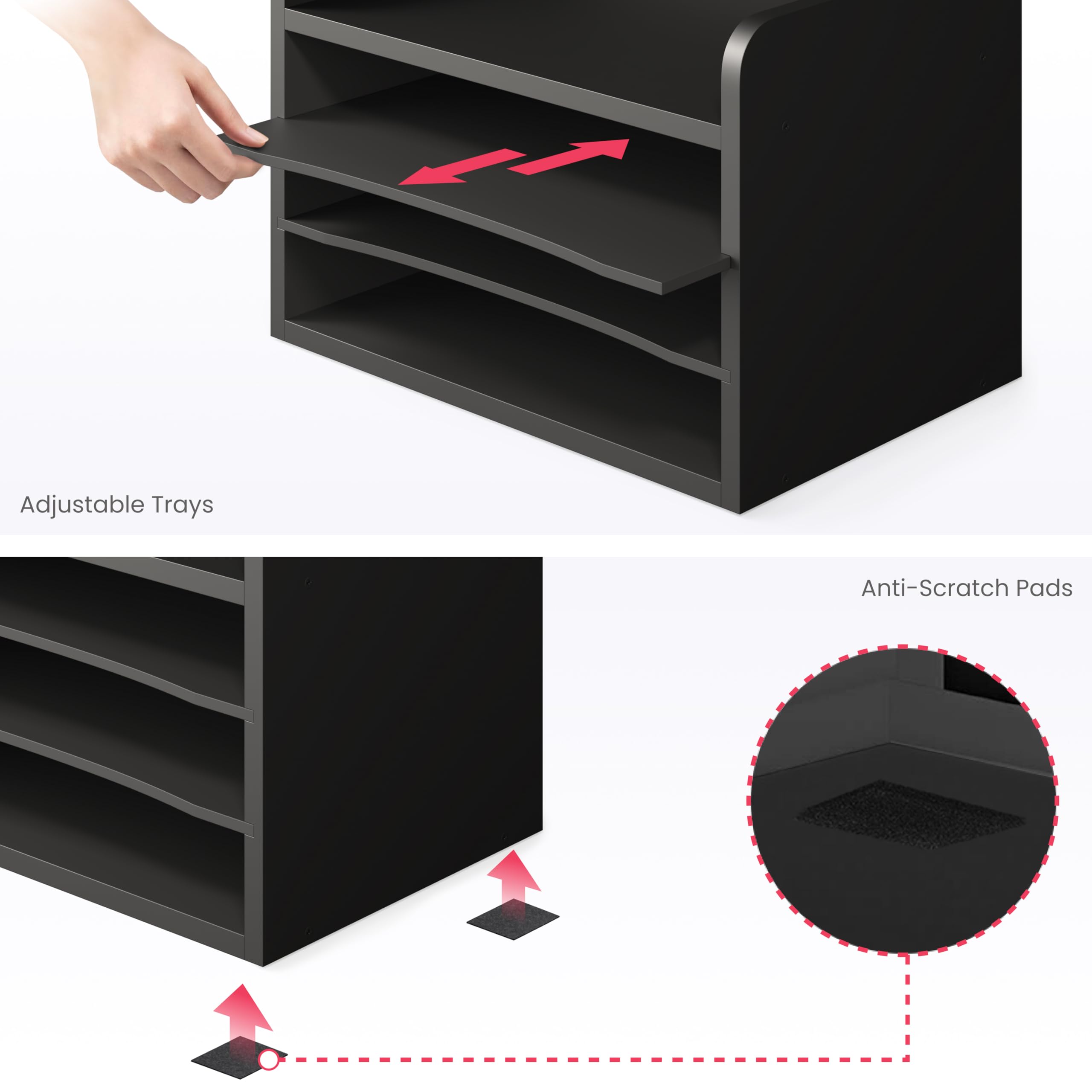Ballucci Akten-Organizer, 4-stöckig, Büro-Schreibtisch-Organizer, offene Oberseite, Holzpapier-Organizer für Klassenzimmer, Postsortierer, Papierablage mit verstellbaren Ablagen, Schwarz