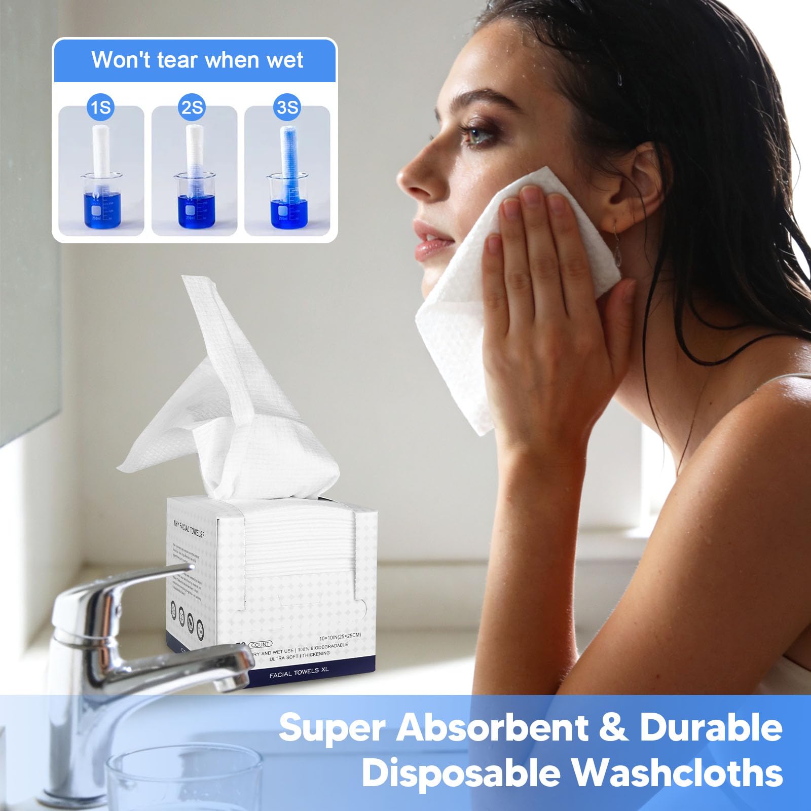 KODAMO Toallas desechables para la cara, paquete de 2 (100 unidades) – Paños desmaquillantes biodegradables ultra suaves y gruesos – Paños de limpieza facial sin pelusa en caja de papel