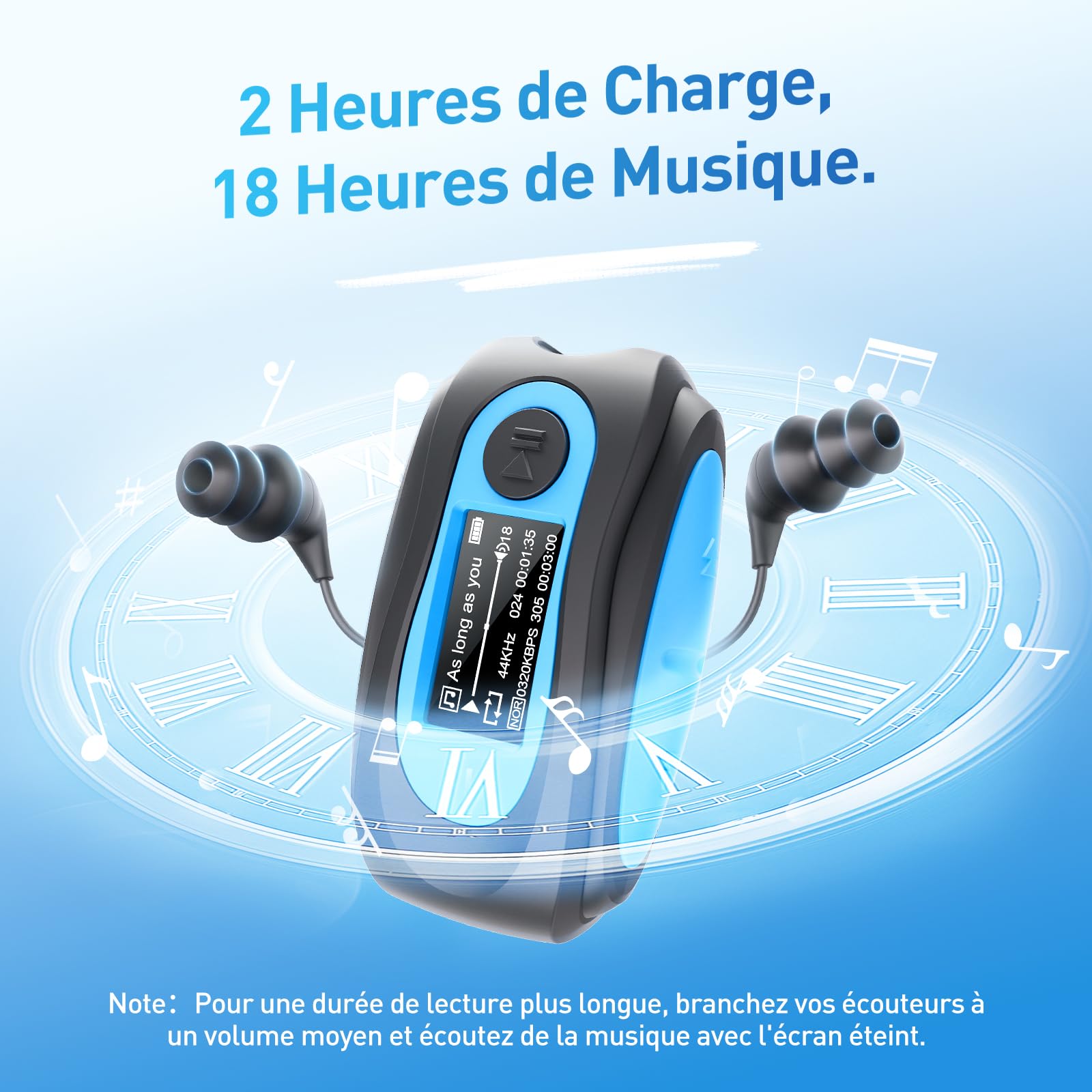 AGPTEK Mp3 Etanche IPX8 avec Clip Ecran Couleur, 8Go Lecteur avec Radio FM HiFi Lossless Baladeur Mp3 pour Natation (Piscine) et Sport, Casque Waterproof et Bouchons d'oreilles Inclus- S07 Bleu