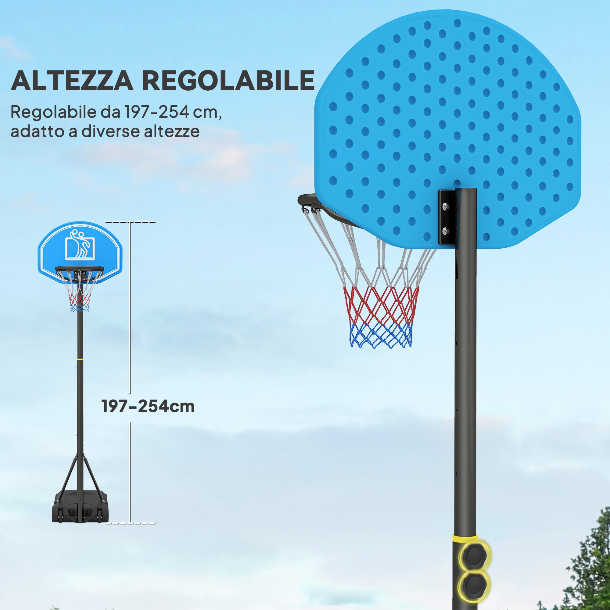 HOMCOM Canestro da Basket Altezza Regolabile 197.5-254 cm, Canestro Trasportabile con Ruote e Supporto, Blu