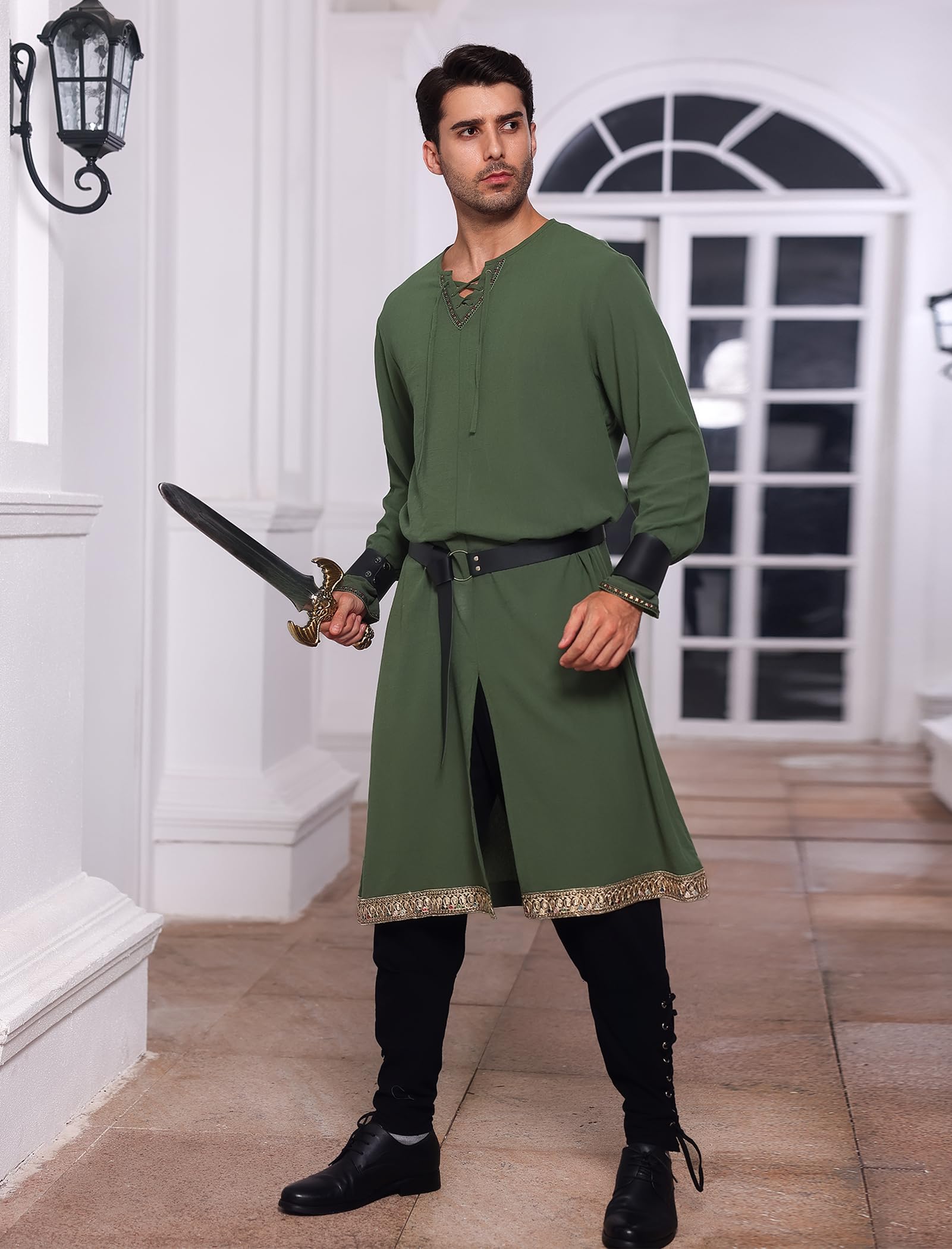 ABEHIK Costume medievale da uomo, costume vichingo, per uomo, giacca da cavaliere, abbigliamento rinascimentale, per carnevale, feste, bar a tema