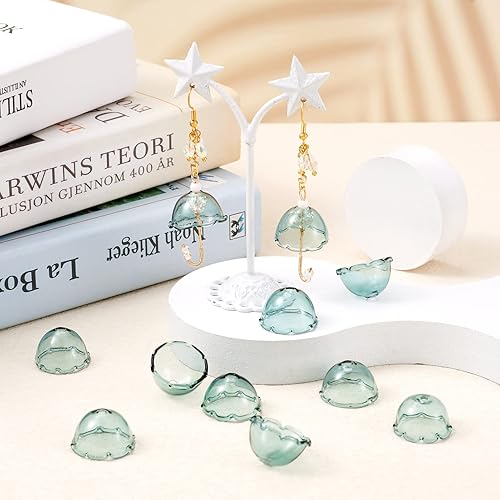 Vista 18 de FASHEWELRY 10 cuentas de cristal hechas a mano, cuentas florales de cristal, cuentas espaciadoras de flores de trompeta transparentes, cuentas