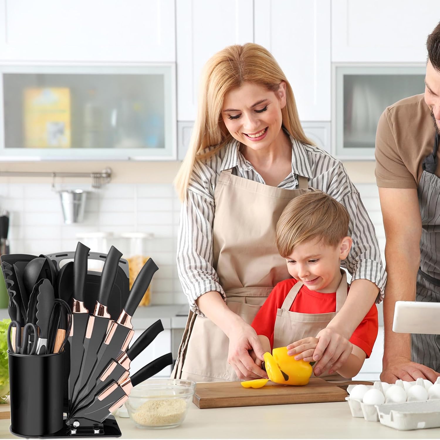 Kitchen Utensil Set,20 Pieces Kitchen Stainless Steel Knives Set Silicone Cooking Utensil with Wooden Handles,Home Kitchenware Accessories Cookware with Stand Block (Black)