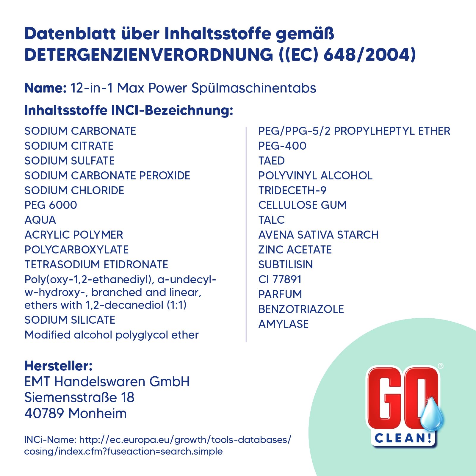 GO clean! Spülmaschinentabs Multi 12-in-1 MAX POWER– 10 kg ca. 500 Stück, 20g, XXL-Sparpaket in Aufreißfolie mit starker Reinigungskraft gegen Schmutz und Fett